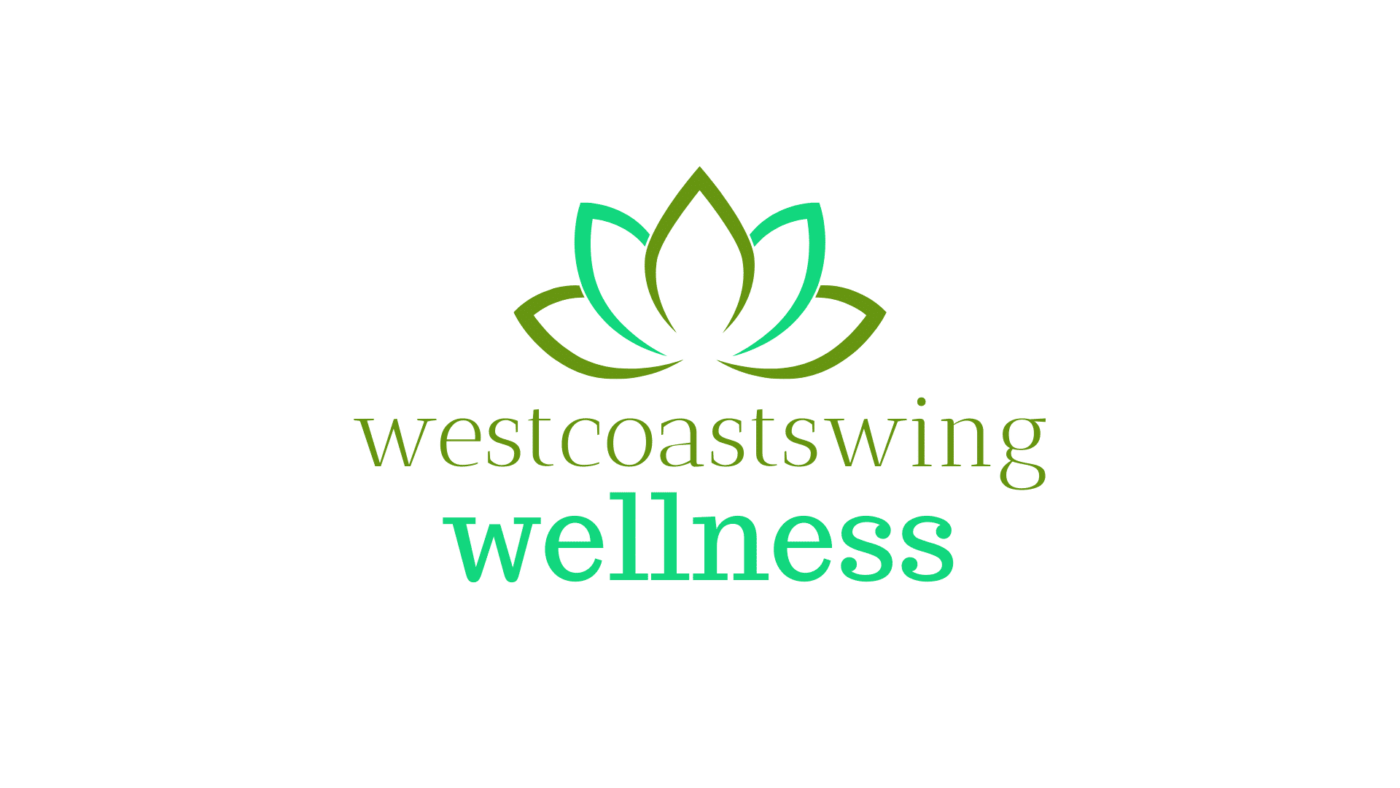 Picture of a lotus flower in 2 shades of green above the text West Coast Swing Wellness also in green.