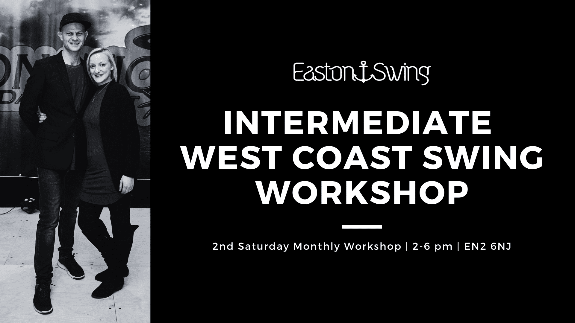 Black & White artwork and text describing an intermediate West Coast Swing workshop.